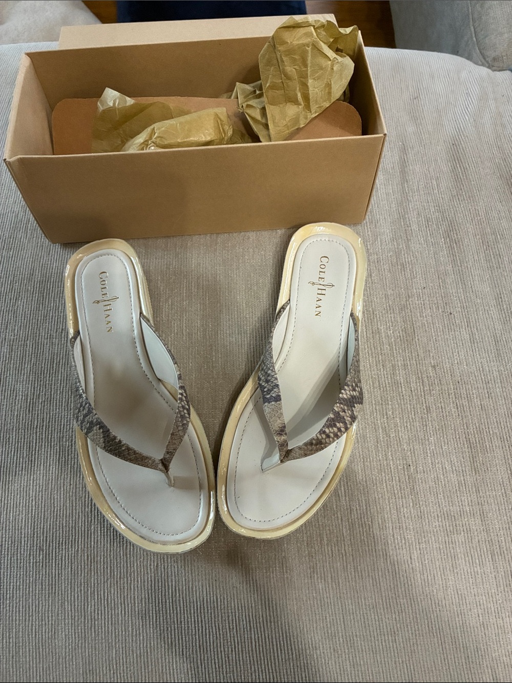 Cole Haan Taupe Snake-Print Air Carson Thong Sandals with Cream Footbed